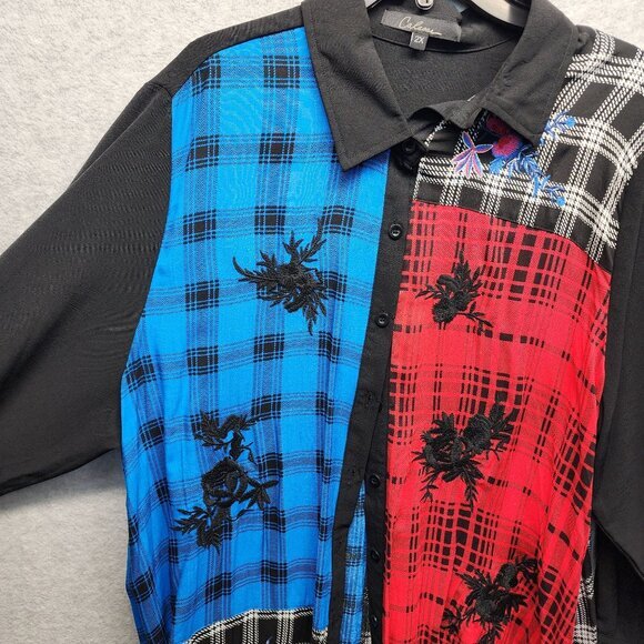 Calessa Plaid Embroidered Top Womens Plus 2X Colorblock Black Floral Long Sleeve - Picture 2 of 12